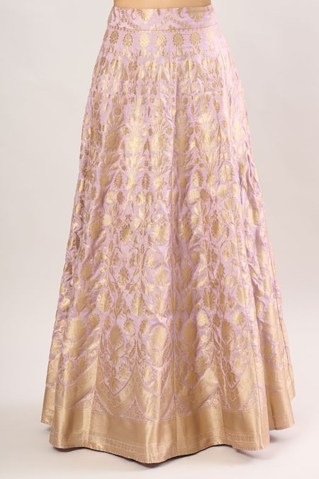 Studio Iris India_Purple Brocade, Silk, Chiffon Embroidery, Zari Floral Vine Woven Lehenga Set _Online_at_Aza_Fashions