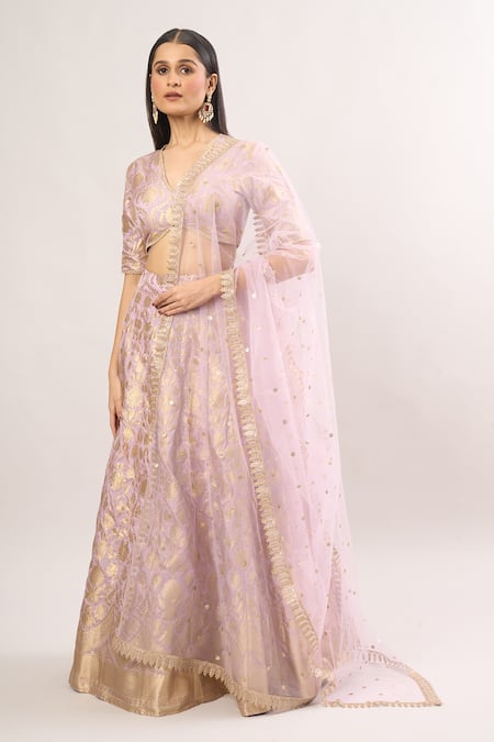 Buy_Studio Iris India_Purple Brocade, Silk, Chiffon Embroidery, Zari Floral Vine Woven Lehenga Set _Online_at_Aza_Fashions