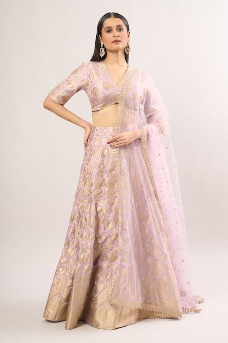Studio Iris India_Purple Brocade, Silk, Chiffon Embroidery, Zari Floral Vine Woven Lehenga Set _at_Aza_Fashions