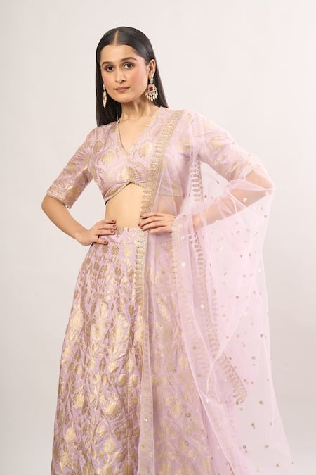 Buy_Studio Iris India_Purple Brocade, Silk, Chiffon Embroidery, Zari Floral Vine Woven Lehenga Set 