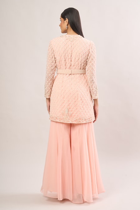 Studio22 By Pulkita Arora Bajaj Geometric Embroidered Peach Gharara Set 
