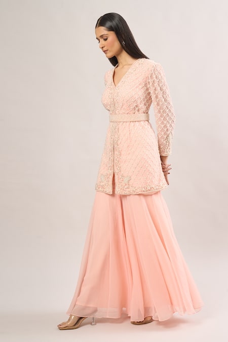 Shop_Studio22 By Pulkita Arora Bajaj_Peach Georgette Cut Work, Pearls V-neck Geometric Embroidered Gharara Set _Online_at_Aza_Fashions