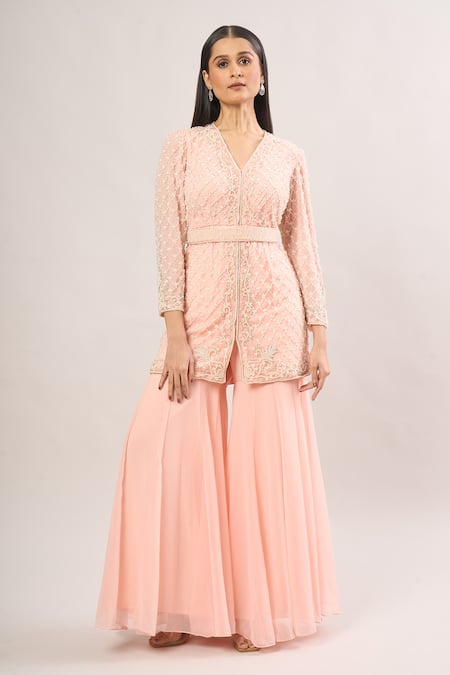 Studio22 By Pulkita Arora Bajaj_Peach Georgette Cut Work, Pearls V-neck Geometric Embroidered Gharara Set _at_Aza_Fashions