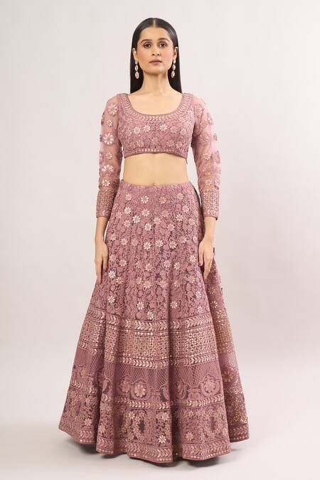 SUHINO Purple Net Gota Patti, Embroidery Round Neck Floral Vine Lehenga Set Online at Aza Fashions SUHINO_Purple Net Gota Patti, Embroidery Round Neck Floral Vine Lehenga Set_Online_at_Aza_Fashions