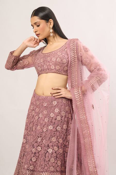 Shop SUHINO Purple Net Gota Patti, Embroidery Round Neck Floral Vine Lehenga Set Online at Aza Fashions Shop_SUHINO_Purple Net Gota Patti, Embroidery Round Neck Floral Vine Lehenga Set_Online_at_Aza_Fashions