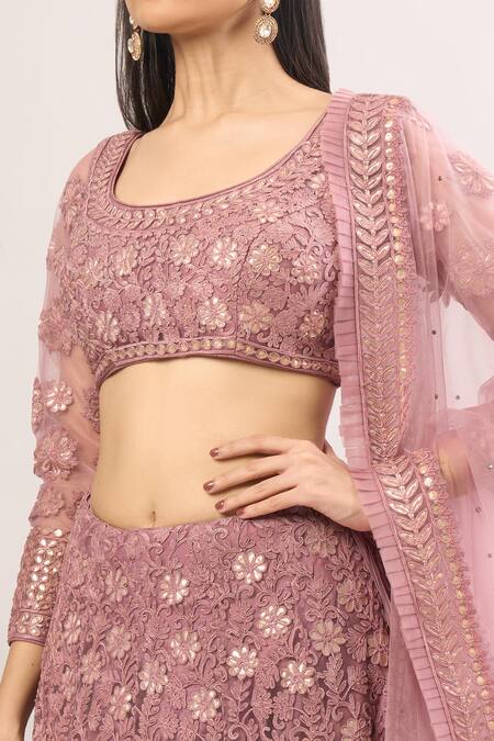 Buy SUHINO Purple Net Gota Patti, Embroidery Round Neck Floral Vine Lehenga Set Buy_SUHINO_Purple Net Gota Patti, Embroidery Round Neck Floral Vine Lehenga Set