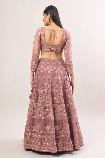 Shop SUHINO Purple Net Gota Patti, Embroidery Round Neck Floral Vine Lehenga Set at Aza Fashions Shop_SUHINO_Purple Net Gota Patti, Embroidery Round Neck Floral Vine Lehenga Set_at_Aza_Fashions