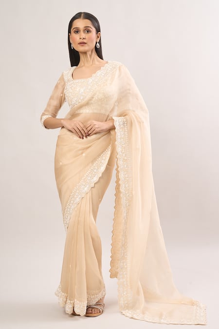 SUHINO_Beige Chiffon Pearls, Sequins, Embroidery Square Floral Vine Blouse And Saree _Online_at_Aza_Fashions