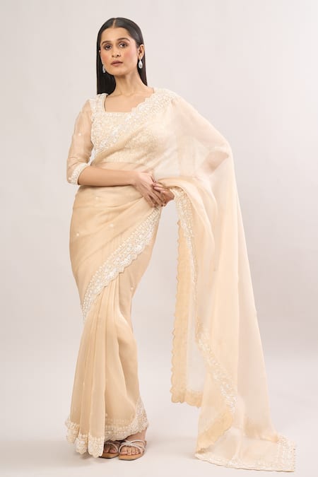 Buy_SUHINO_Beige Chiffon Pearls, Sequins, Embroidery Square Floral Vine Blouse And Saree _Online_at_Aza_Fashions