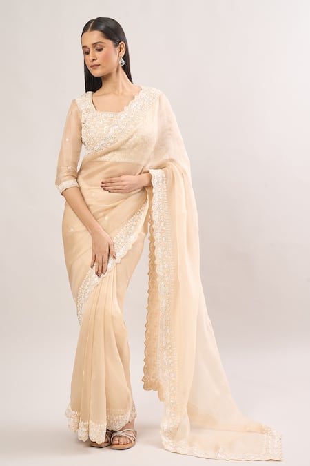 Shop_SUHINO_Beige Chiffon Pearls, Sequins, Embroidery Square Floral Vine Blouse And Saree _Online_at_Aza_Fashions