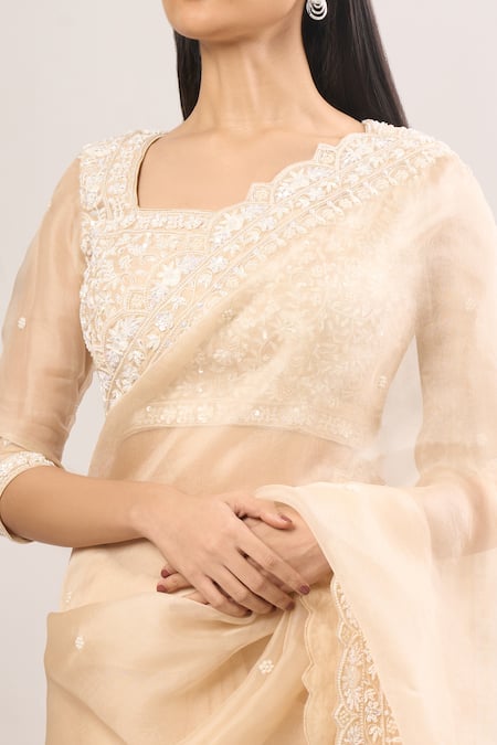Buy_SUHINO_Beige Chiffon Pearls, Sequins, Embroidery Square Floral Vine Blouse And Saree 