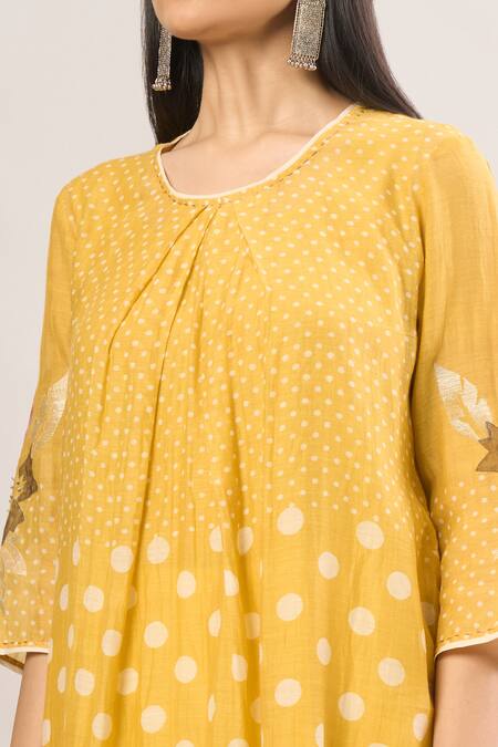 Vamil By Tina & Sonali Yellow Cotton Embroidery Round Neck Polka Dot Floral Handblock Print Kurta Set Online at Aza Fashions Vamil By Tina & Sonali_Yellow Cotton Embroidery Round Neck Polka Dot Floral Handblock Print Kurta Set_Online_at_Aza_Fashions