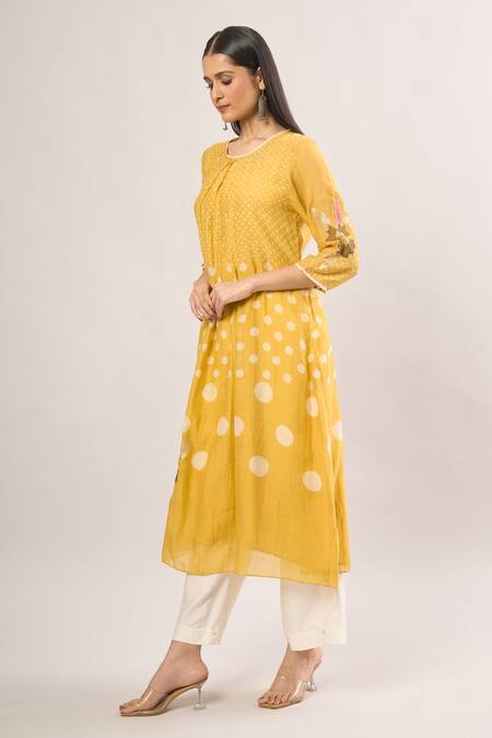Vamil By Tina & Sonali Yellow Cotton Embroidery Round Neck Polka Dot Floral Handblock Print Kurta Set at Aza Fashions Vamil By Tina & Sonali_Yellow Cotton Embroidery Round Neck Polka Dot Floral Handblock Print Kurta Set_at_Aza_Fashions