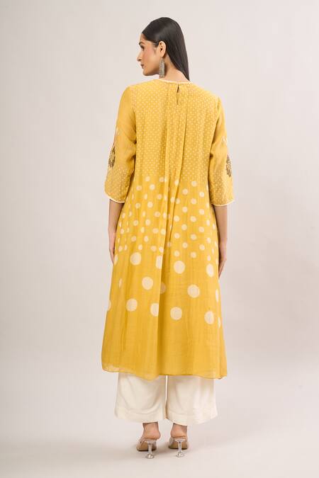 Shop Vamil By Tina & Sonali Yellow Cotton Embroidery Round Neck Polka Dot Floral Handblock Print Kurta Set at Aza Fashions Shop_Vamil By Tina & Sonali_Yellow Cotton Embroidery Round Neck Polka Dot Floral Handblock Print Kurta Set_at_Aza_Fashions