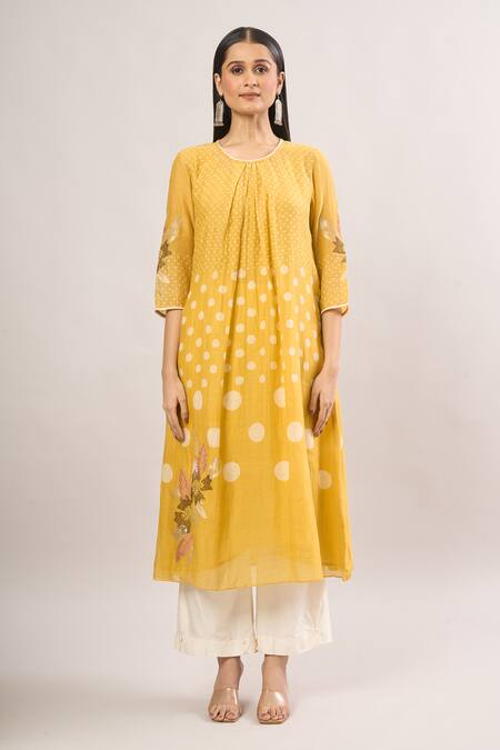 Buy Vamil By Tina & Sonali Yellow Cotton Embroidery Round Neck Polka Dot Floral Handblock Print Kurta Set Buy_Vamil By Tina & Sonali_Yellow Cotton Embroidery Round Neck Polka Dot Floral Handblock Print Kurta Set