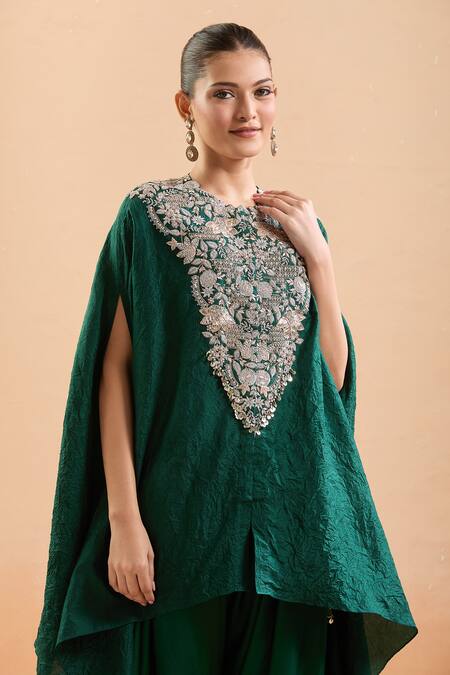 Prisho Green Sequins, Gota Patti, Embroidery Round Neck Floral Kaftan And Draped Pant Online at Aza Fashions Prisho_Green Sequins, Gota Patti, Embroidery Round Neck Floral Kaftan And Draped Pant _Online_at_Aza_Fashions