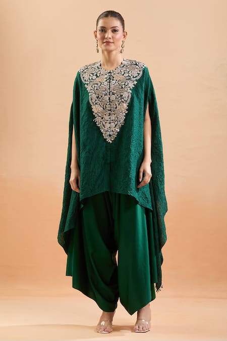 Buy Prisho Green Sequins, Gota Patti, Embroidery Round Neck Floral Kaftan And Draped Pant Online at Aza Fashions Buy_Prisho_Green Sequins, Gota Patti, Embroidery Round Neck Floral Kaftan And Draped Pant _Online_at_Aza_Fashions