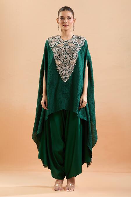 Prisho Green Sequins, Gota Patti, Embroidery Round Neck Floral Kaftan And Draped Pant at Aza Fashions Prisho_Green Sequins, Gota Patti, Embroidery Round Neck Floral Kaftan And Draped Pant _at_Aza_Fashions
