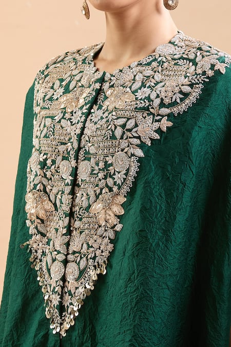 Buy Prisho Green Sequins, Gota Patti, Embroidery Round Neck Floral Kaftan And Draped Pant Buy_Prisho_Green Sequins, Gota Patti, Embroidery Round Neck Floral Kaftan And Draped Pant