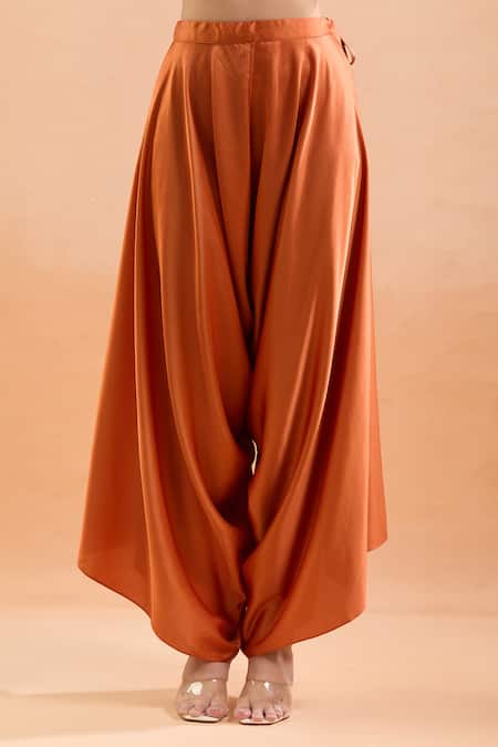 Prisho_Orange Embroidery, Gota Patti, Sequins V-neck Floral Kaftan And Draped Pant Set _Online_at_Aza_Fashions