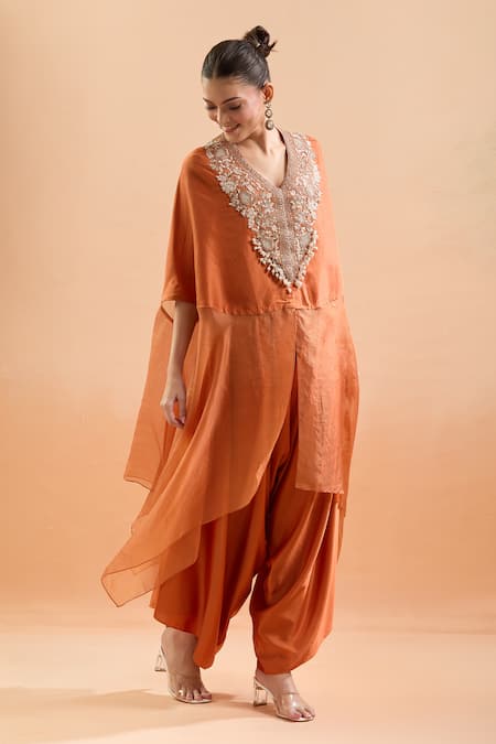 Buy_Prisho_Orange Embroidery, Gota Patti, Sequins V-neck Floral Kaftan And Draped Pant Set _Online_at_Aza_Fashions