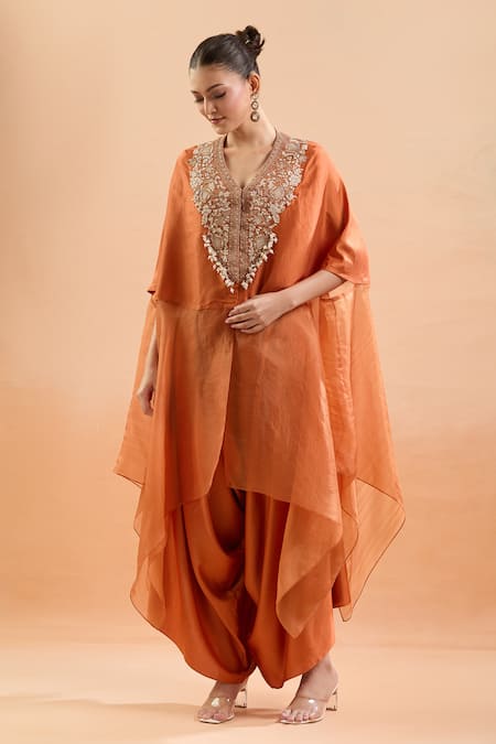 Prisho_Orange Embroidery, Gota Patti, Sequins V-neck Floral Kaftan And Draped Pant Set _at_Aza_Fashions