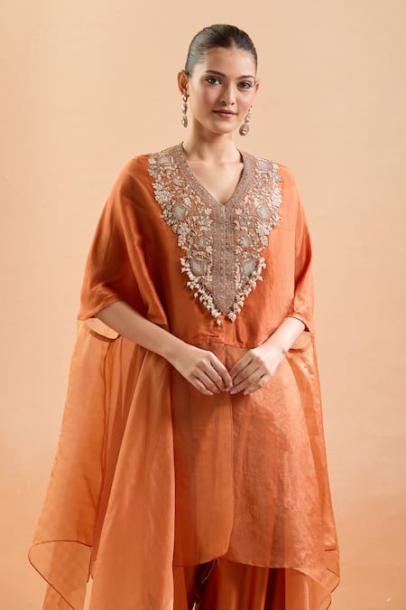 Buy_Prisho_Orange Embroidery, Gota Patti, Sequins V-neck Floral Kaftan And Draped Pant Set 