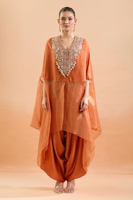 Shop_Prisho_Orange Embroidery, Gota Patti, Sequins V-neck Floral Kaftan And Draped Pant Set 
