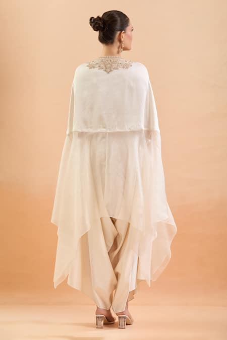 Shop Prisho Ivory Embroidery, Sequins V-neck Floral Kaftan And Draped Pant Set at Aza Fashions Shop_Prisho_Ivory Embroidery, Sequins V-neck Floral Kaftan And Draped Pant Set _at_Aza_Fashions
