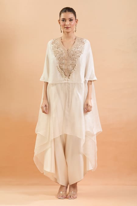 Prisho Ivory Embroidery, Sequins V-neck Floral Kaftan And Draped Pant Set Online at Aza Fashions Prisho_Ivory Embroidery, Sequins V-neck Floral Kaftan And Draped Pant Set _Online_at_Aza_Fashions