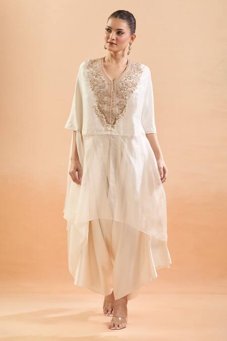 Buy Prisho Ivory Embroidery, Sequins V-neck Floral Kaftan And Draped Pant Set Online at Aza Fashions Buy_Prisho_Ivory Embroidery, Sequins V-neck Floral Kaftan And Draped Pant Set _Online_at_Aza_Fashions