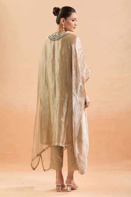 Shop_Prisho_Gold Tassels, Embroidery Round Neck Floral Kaftan Set _at_Aza_Fashions