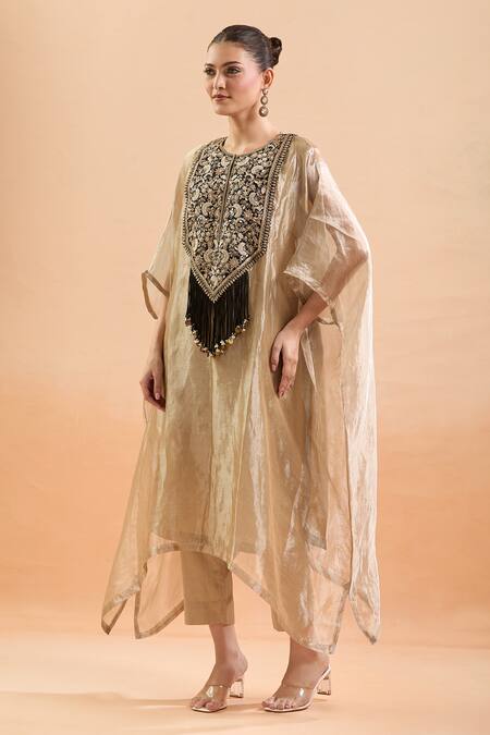 Buy_Prisho_Gold Tassels, Embroidery Round Neck Floral Kaftan Set _Online_at_Aza_Fashions