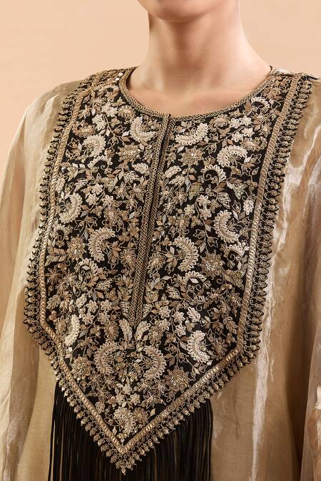 Shop_Prisho_Gold Tassels, Embroidery Round Neck Floral Kaftan Set _Online_at_Aza_Fashions