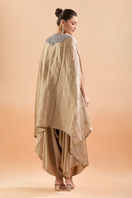 Shop Prisho Gold Silk Gota Patti, Sequins, Embroidery V-neck Floral Kaftan And Draped Pant at Aza Fashions Shop_Prisho_Gold Silk Gota Patti, Sequins, Embroidery V-neck Floral Kaftan And Draped Pant _at_Aza_Fashions