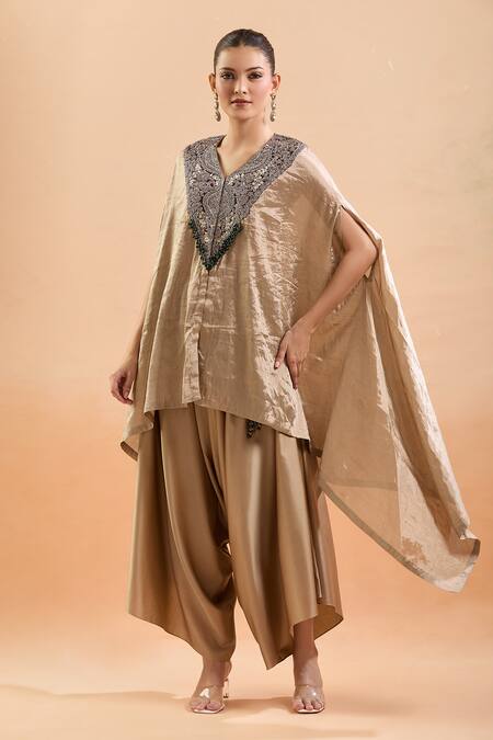 Prisho Gold Silk Gota Patti, Sequins, Embroidery V-neck Floral Kaftan And Draped Pant Online at Aza Fashions Prisho_Gold Silk Gota Patti, Sequins, Embroidery V-neck Floral Kaftan And Draped Pant _Online_at_Aza_Fashions