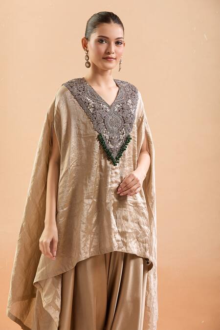 Buy Prisho Gold Silk Gota Patti, Sequins, Embroidery V-neck Floral Kaftan And Draped Pant Online at Aza Fashions Buy_Prisho_Gold Silk Gota Patti, Sequins, Embroidery V-neck Floral Kaftan And Draped Pant _Online_at_Aza_Fashions