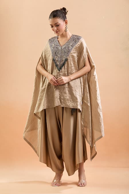 Prisho Gold Silk Gota Patti, Sequins, Embroidery V-neck Floral Kaftan And Draped Pant at Aza Fashions Prisho_Gold Silk Gota Patti, Sequins, Embroidery V-neck Floral Kaftan And Draped Pant _at_Aza_Fashions