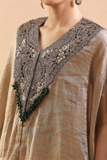 Buy Prisho Gold Silk Gota Patti, Sequins, Embroidery V-neck Floral Kaftan And Draped Pant Buy_Prisho_Gold Silk Gota Patti, Sequins, Embroidery V-neck Floral Kaftan And Draped Pant