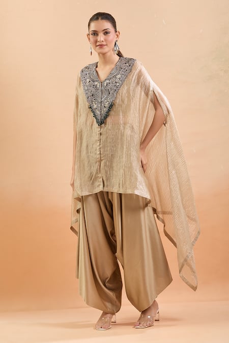 Prisho Gold Polyester, Silk Sequins, Gota Patti, Floral Kaftan And Draped Pant Set Online at Aza Fashions Prisho_Gold Polyester, Silk Sequins, Gota Patti, Floral Kaftan And Draped Pant Set _Online_at_Aza_Fashions