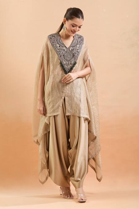 Shop Prisho Gold Polyester, Silk Sequins, Gota Patti, Floral Kaftan And Draped Pant Set Online at Aza Fashions Shop_Prisho_Gold Polyester, Silk Sequins, Gota Patti, Floral Kaftan And Draped Pant Set _Online_at_Aza_Fashions