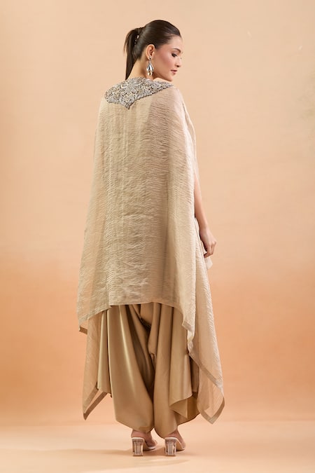 Shop Prisho Gold Polyester, Silk Sequins, Gota Patti, Floral Kaftan And Draped Pant Set at Aza Fashions Shop_Prisho_Gold Polyester, Silk Sequins, Gota Patti, Floral Kaftan And Draped Pant Set _at_Aza_Fashions