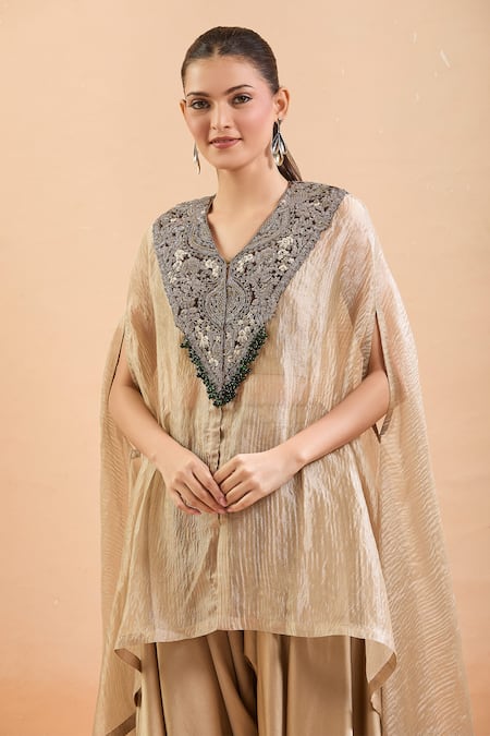 Prisho Gold Polyester, Silk Sequins, Gota Patti, Floral Kaftan And Draped Pant Set at Aza Fashions Prisho_Gold Polyester, Silk Sequins, Gota Patti, Floral Kaftan And Draped Pant Set _at_Aza_Fashions