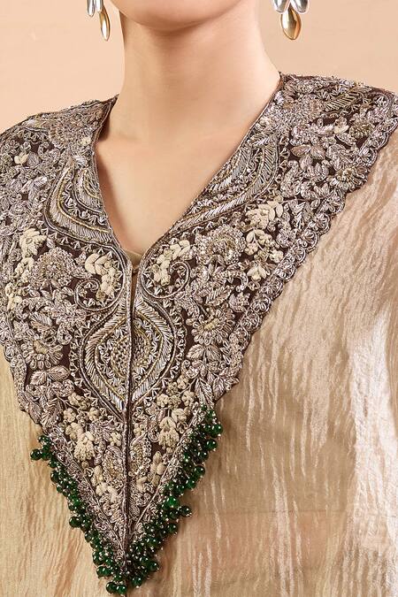 Shop Prisho Gold Polyester, Silk Sequins, Gota Patti, Floral Kaftan And Draped Pant Set Shop_Prisho_Gold Polyester, Silk Sequins, Gota Patti, Floral Kaftan And Draped Pant Set