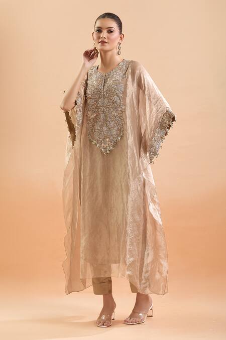 Buy_Prisho_Gold Silk Round Neck Floral Embroidered Kaftan Pant Set _Online_at_Aza_Fashions