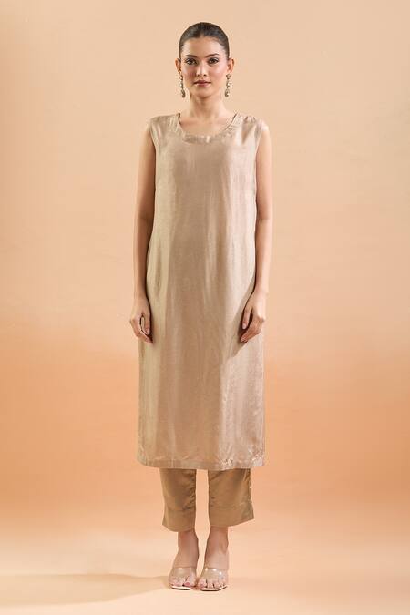 Prisho_Gold Silk Round Neck Floral Embroidered Kaftan Pant Set _at_Aza_Fashions