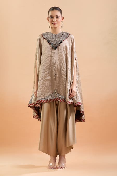 Prisho Gold Beads, Embroidery Round Neck Metallic Floral Kaftan And Pant Set at Aza Fashions Prisho_Gold Beads, Embroidery Round Neck Metallic Floral Kaftan And Pant Set _at_Aza_Fashions