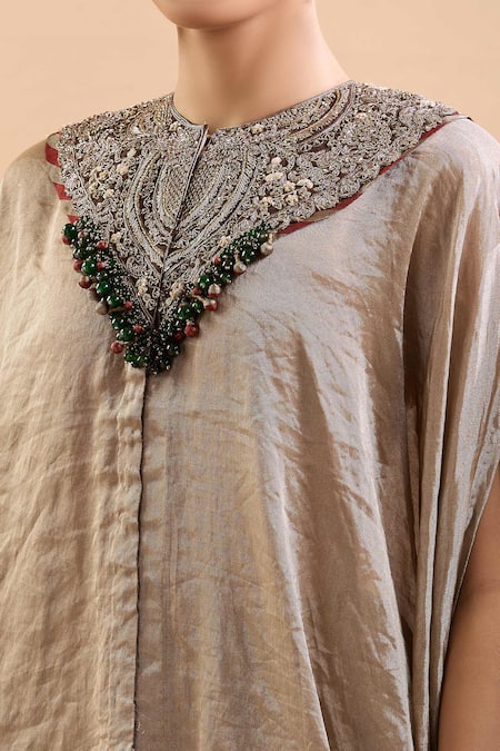 Buy Prisho Gold Beads, Embroidery Round Neck Metallic Floral Kaftan And Pant Set Buy_Prisho_Gold Beads, Embroidery Round Neck Metallic Floral Kaftan And Pant Set