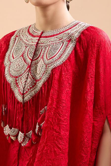 Prisho Red Tassels Round Neck Geometric Embroidered Kaftan And Draped Pant Online at Aza Fashions Prisho_Red Tassels Round Neck Geometric Embroidered Kaftan And Draped Pant _Online_at_Aza_Fashions