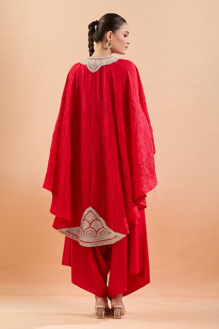 Shop Prisho Red Tassels Round Neck Geometric Embroidered Kaftan And Draped Pant at Aza Fashions Shop_Prisho_Red Tassels Round Neck Geometric Embroidered Kaftan And Draped Pant _at_Aza_Fashions